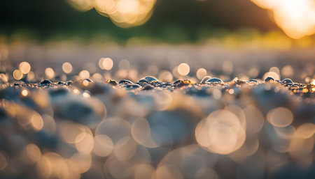 A close-up shot of a pebble surface with golden bokeh. The sun is setting in the background, creating a warm and dreamy atmosphere.の写真素材