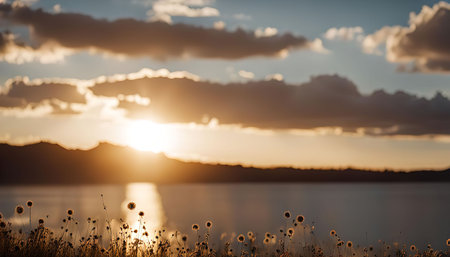 A breathtaking sunset over a calm lake with a distant mountain silhouette. The sky is ablaze with golden hues, reflected in the water. Silhouettes of wildflowers stand in the foreground.の写真素材