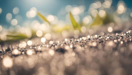 A close-up shot of dewdrops on blades of grass. The water droplets glisten in the sunlight, creating a beautiful and delicate scene.の写真素材