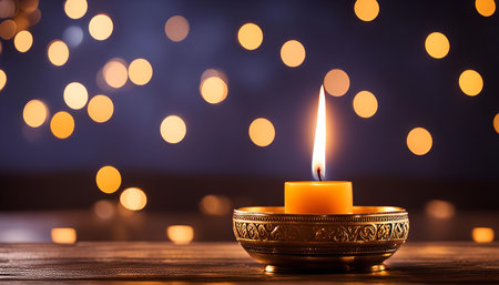A single candle burning brightly in a golden holder, bathed in warm, soft light. The background is a blur of out-of-focus lights, creating a mesmerizing bokeh effect.の写真素材
