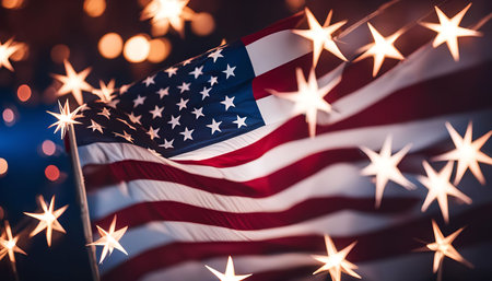 Close-up shot of an American flag waving in the wind, with a blurred background of twinkling stars. The image evokes a sense of patriotism and celebration.の写真素材