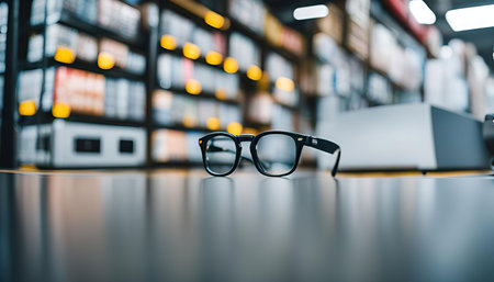 Black rimmed glasses lying on a desk in front of a blurred background of a store shelves.の写真素材