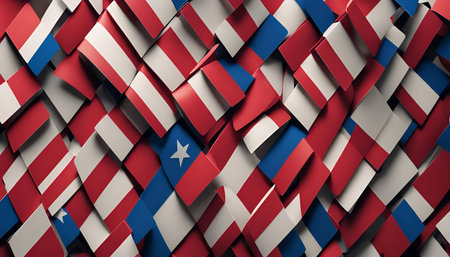 A close-up view of a chaotic arrangement of the flags of Austria and Chile, creating a vibrant and textured background.の写真素材