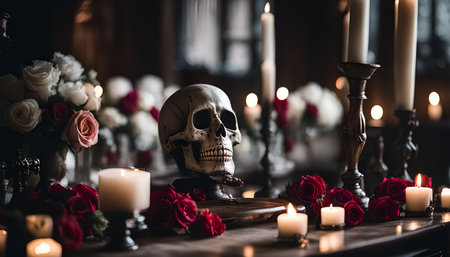 A skull rests on a table with candles and roses, creating a dramatic and mysterious still life.の写真素材