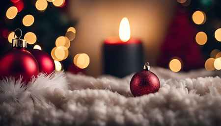 A close-up of red Christmas ornaments, one in the foreground and two in the background, with a lit candle and a blurred Christmas tree in the background.の写真素材