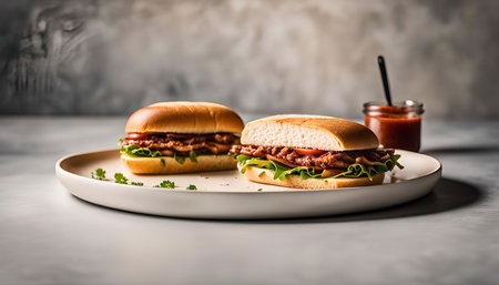 Two delicious sandwiches with lettuce, tomato, cheese and sauce on a plateの写真素材