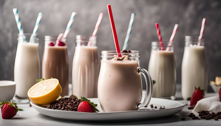 A close-up view of a variety of smoothies in glasses with straws and berries on a white plate, a...
