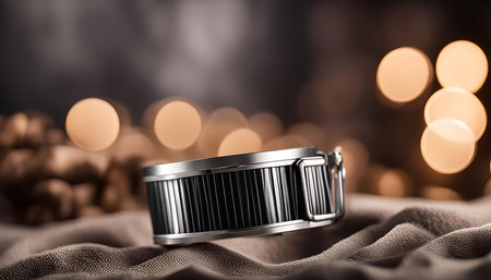 A close-up shot of a sleek silver bracelet, possibly made of stainless steel, lying on a soft brown...