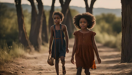 Two young girls, one carrying a small bag, walk along a dirt path in a rural setting surrounded by...