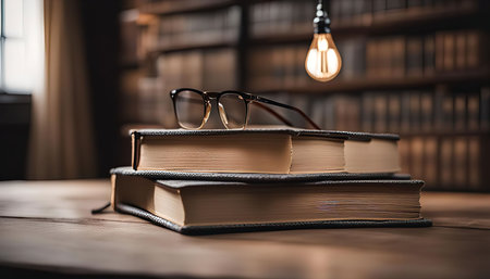 A stack of three books, with a pair of glasses on top, sits on a wooden table in a dimly lit room. A...