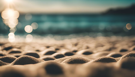 A close-up photo of the textured surface of sand on a beach with the ocean and sun in the...