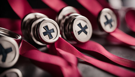 A close-up view of silver medals with red ribbons, highlighting the details and textures of the objects.の写真素材