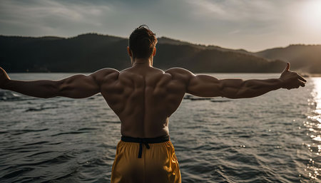 A muscular man stands on a lakeshore with his arms outstretched towards the water. The sunset casts a golden glow over the landscape as the man looks out over the water.の写真素材