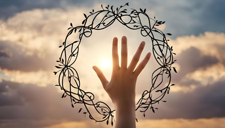 A hand reaches towards the sun, symbolizing hope and faith. The silhouette of a floral wreath adds a...