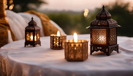 A collection of ornate metal lanterns with candles inside, creating a warm and inviting atmosphere on a table setting.の写真素材