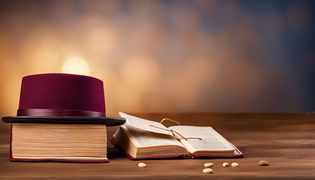 A vintage hat and a classic book lie open on a wooden table. The image creates a sense of timeless wisdom and old-world charm.の写真素材