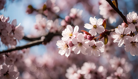 A close-up view of a cherry blossom branch with delicate pink and white blossoms in full bloom, creating a vibrant display of spring beauty.の写真素材