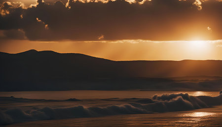 A breathtaking sunset over a dramatic sea, with waves crashing against the shore. The golden light of the sun paints the sky in vibrant colors, creating a stunning natural scene.の写真素材
