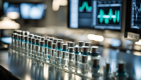 A close-up view of a row of laboratory samples in glass tubes with silver caps. The tubes are arranged on a metallic surface in a scientific laboratory.の写真素材