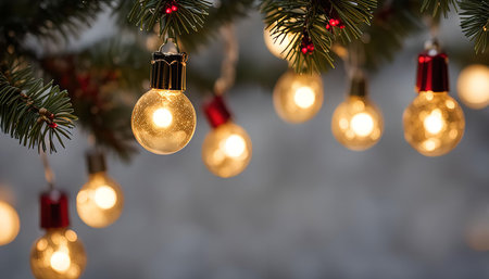 A close-up of Christmas lights stringing on a tree branch, creating a warm and festive atmosphere.