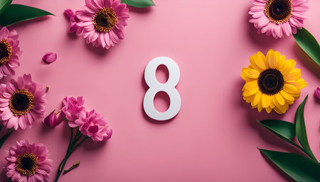 A festive arrangement of pink and yellow flowers surrounding a white number 8 on a pink background,...