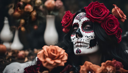 A woman with sugar skull makeup, a traditional day of the dead look, poses for a portrait. Roses are used to adorn the look.の写真素材