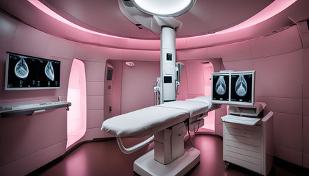 A sterile medical treatment room with advanced technology and equipment, including a medical bed and monitors displaying x-ray images. The room is designed for patient comfort and efficiency during healthcare procedures.の写真素材