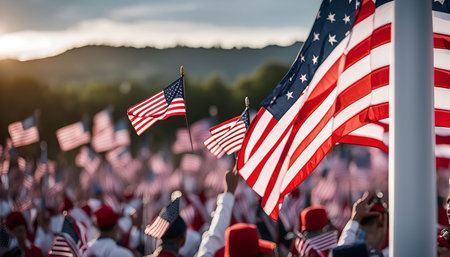 A crowd of people holding and waving American flags in celebration. The flags are brightly colored...