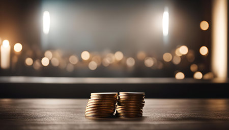 A close-up image of two stacks of golden coins on a wooden table with a blurry background of warm lights. This image symbolizes wealth, success, and financial prosperity.の写真素材