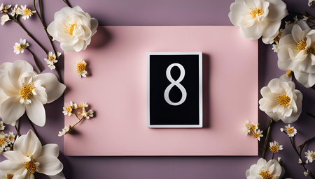 A beautiful arrangement of white flowers against a pink background with a black frame displaying the number 8, celebrating International Women's Day.の写真素材