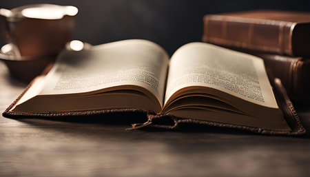 A close-up of an open book, likely a bible, laying on a wooden table. The book is illuminated by a...