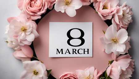 A close-up of a card with the inscription '8 March' surrounded by pink flowers. This beautiful composition is perfect for celebrating International Women's Day.の写真素材