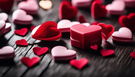 A close-up shot of various red and pink hearts scattered on a dark wooden surface, creating a...