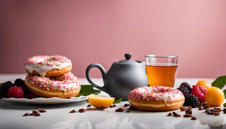 A tempting still life of freshly glazed donuts with sprinkles, a cup of tea, and fruit. It's a delicious and inviting scene, perfect for a sweet treat or a relaxing afternoon.の写真素材