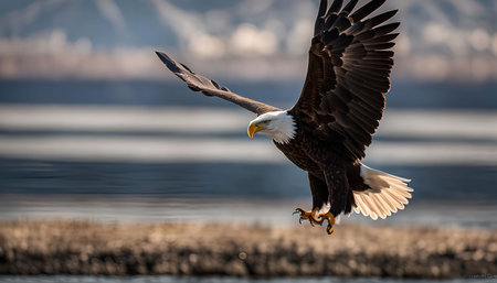 A magnificent bald eagle in flight, its wings spread wide against a backdrop of a lake and...