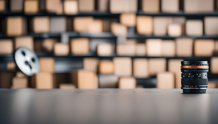 A single camera lens stands on a table, with a blurred background of stacked cardboard boxes.の写真素材