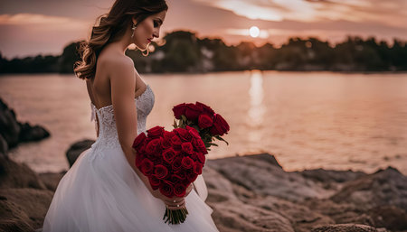 A bride in a white dress holds a bouquet of red roses on a rocky beach at sunset. The warm golden light of the setting sun bathes the scene in a romantic glow.の写真素材