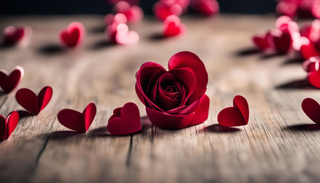 A single red rose with heart shaped petals surrounded by paper hearts on a wooden surface, creating a romantic and festive atmosphere for Valentine's Day.の写真素材