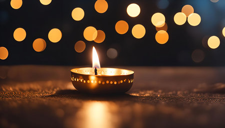 A single candle burns brightly, casting a warm glow in the darkness, with a background of blurred, golden lights.の写真素材