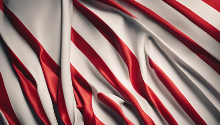 Close up of a red and white striped fabric, showing its texture and folds.の写真素材