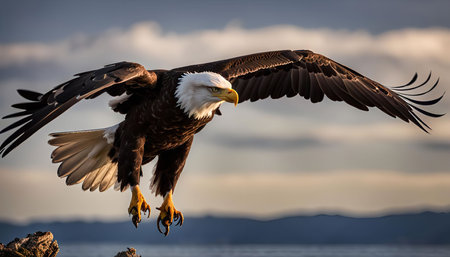 A majestic bald eagle with powerful wings outstretched, soaring through the sky with determination and grace. The eagle's piercing gaze and sharp talons reflect its predatory nature.の写真素材