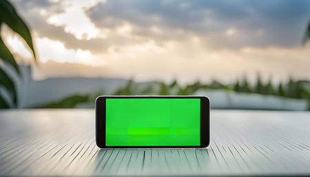 A close-up shot of a smartphone with a green screen on a table, with a blurred sunset sky in the...