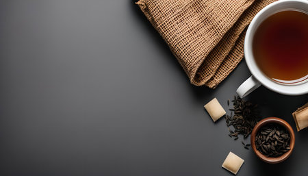 Close-up of a cup of tea with sugar cubes, a tea bowl and a piece of fabric on a gray background.の写真素材