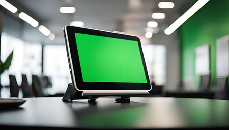 A tablet with a green screen on a desk in an office conference roomの写真素材