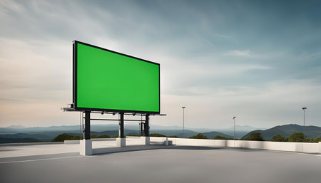 A green screen billboard mockup set against a scenic backdrop of mountains, sky and horizon. Ideal for showcasing advertising, digital campaigns, and graphic design concepts.の写真素材