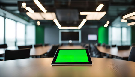 A modern office with a green screen tablet on the table in the middle.