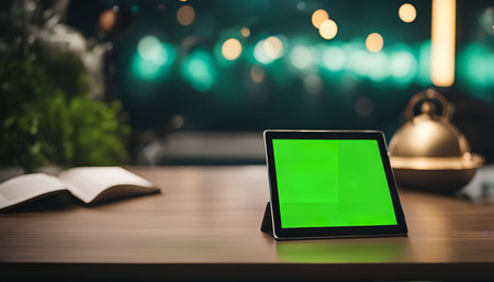 A tablet with a green screen on a table in a room with a blurred background.の写真素材