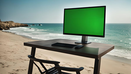 A computer monitor sits on a wooden desk placed on a sandy beach, with the ocean waves in the...