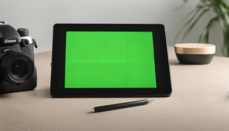 A tablet computer with a green screen sits on a wooden desk along with a camera and a stylus pen.