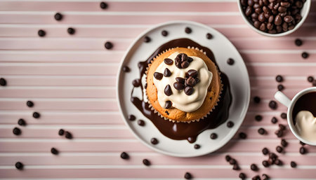 A delicious chocolate cupcake topped with whipped cream and chocolate sauce, decorated with chocolate chips. The cupcake is on a white plate, surrounded by chocolate chips and a cup of coffee.の写真素材